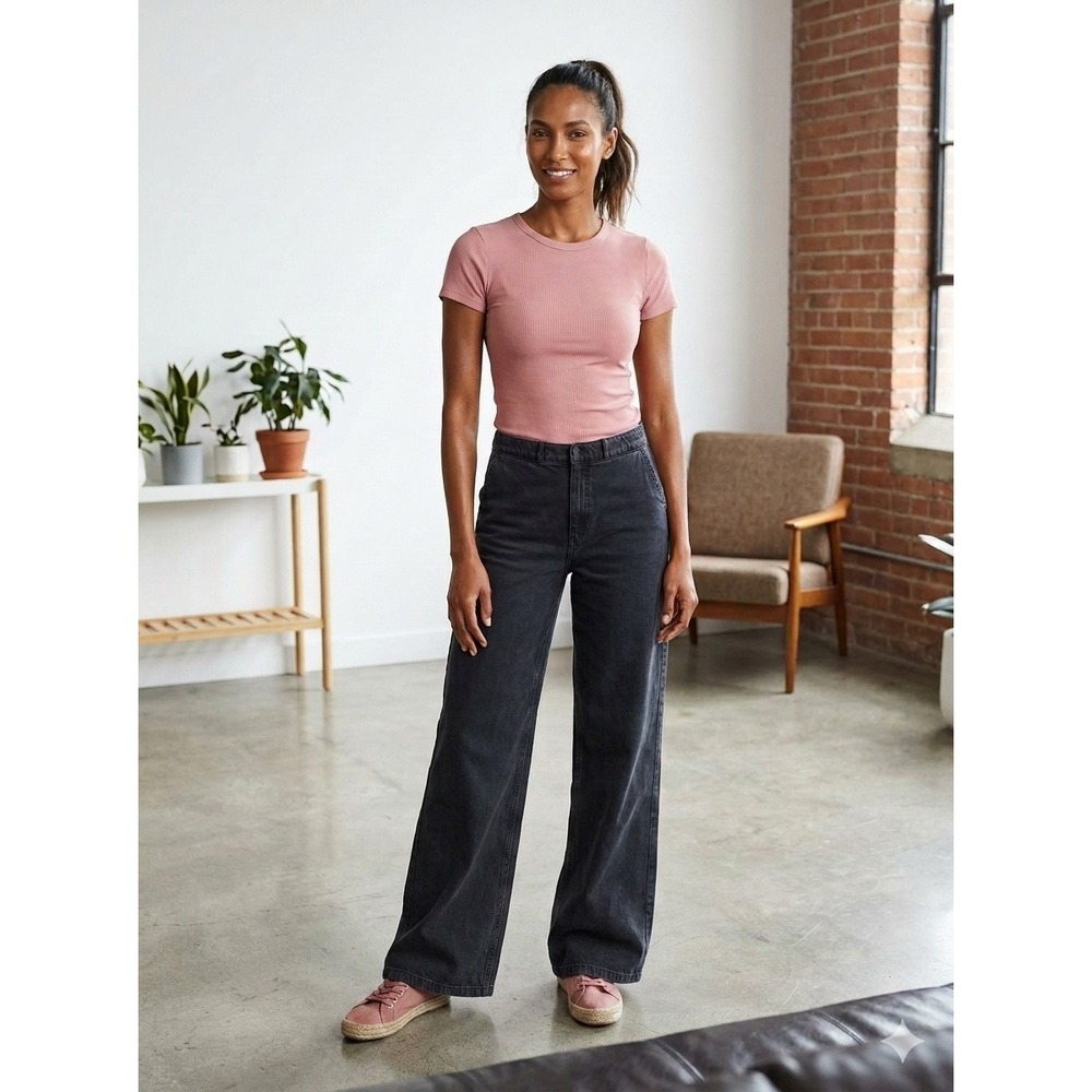 Zara Womens High Rise‎ Wide Leg Jeans Washed Black Denim Size Large L
